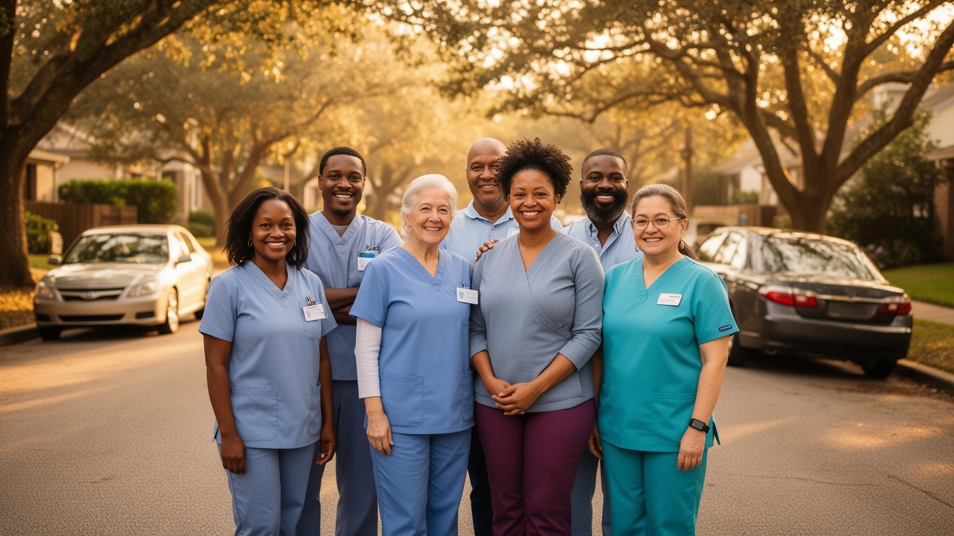 A diverse group of friendly community caregivers smiling together on a tree-lined neighborhood street