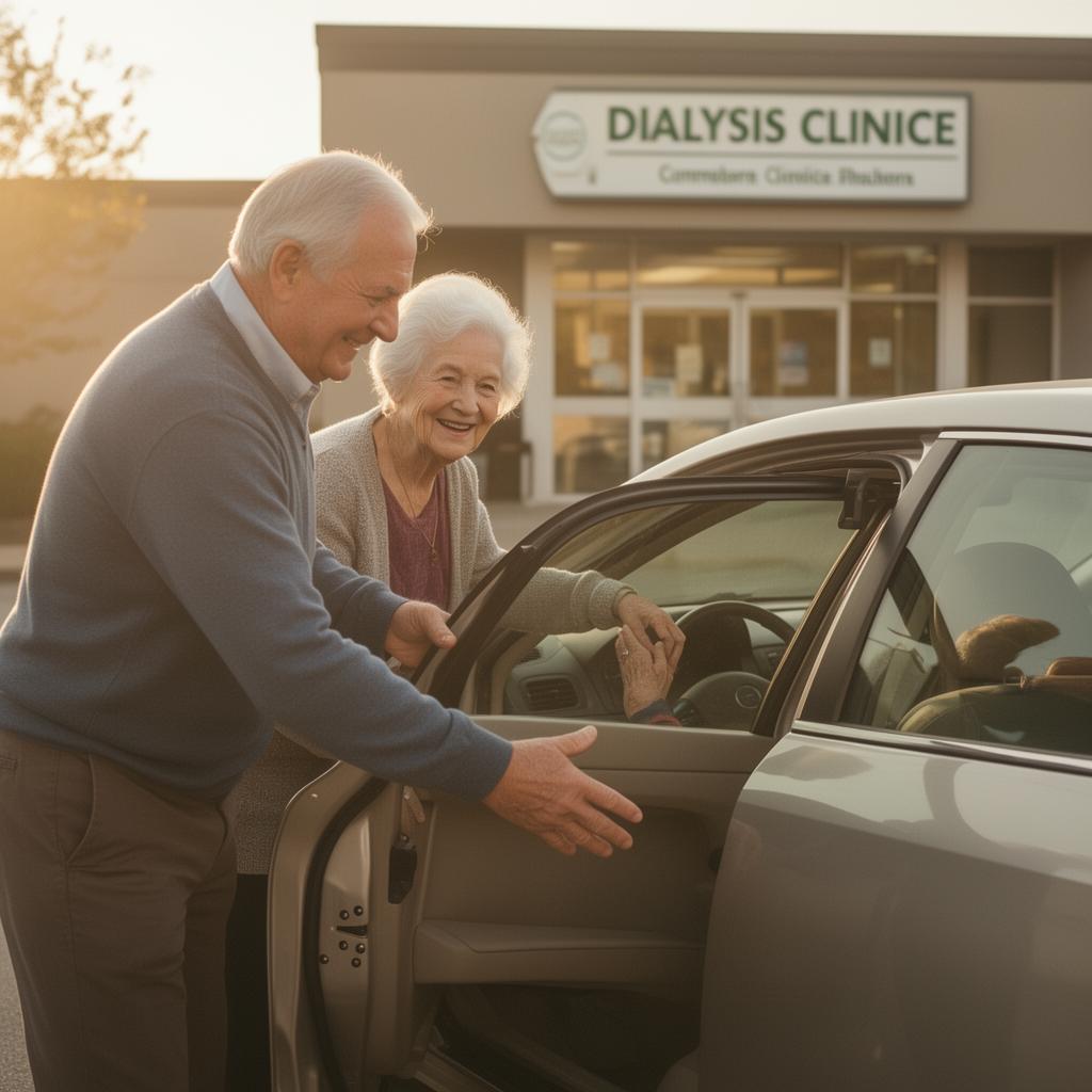 A kind older man helping an elderly woman out of a sedan outside a dialysis clinic at sunrise, both smiling like familiar friends