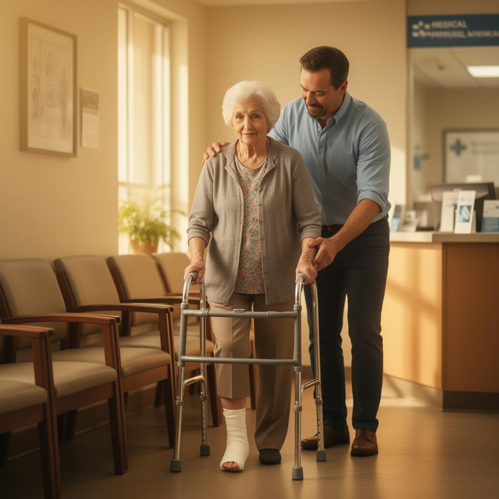 An adult son gently helping his elderly mother with a walker and an ankle cast in a medical office waiting room