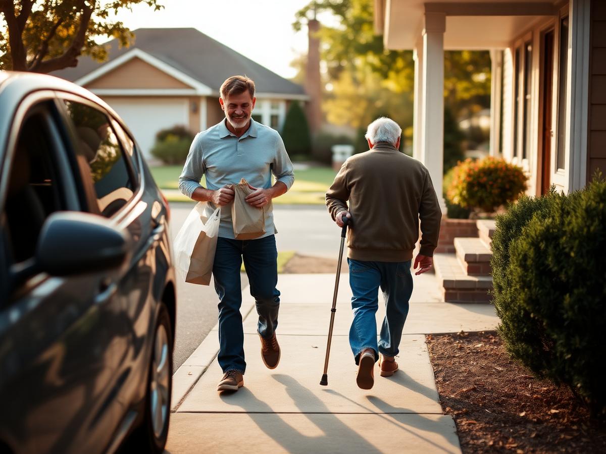 A driver carries groceries while walking with an elderly man up to his front door