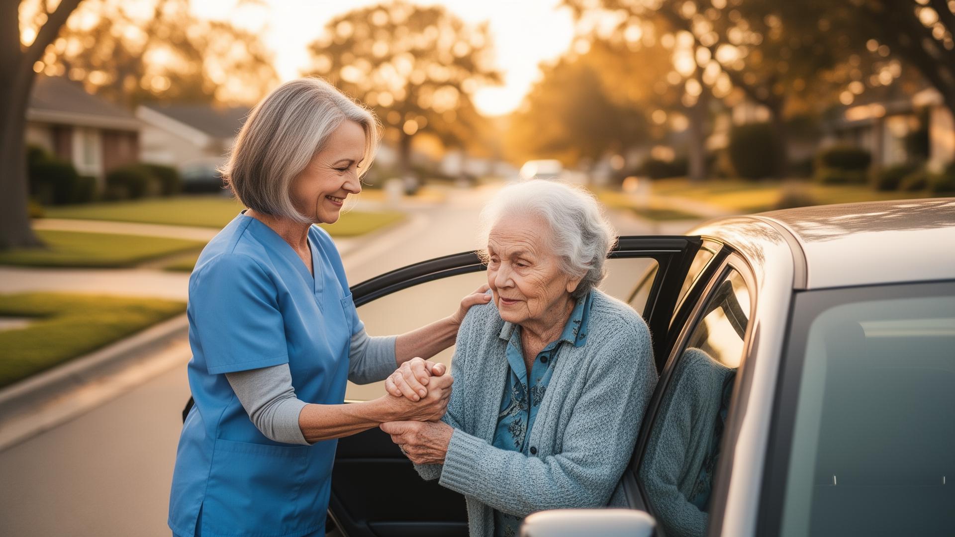 A caring driver helps an elderly woman out of a car at golden hour