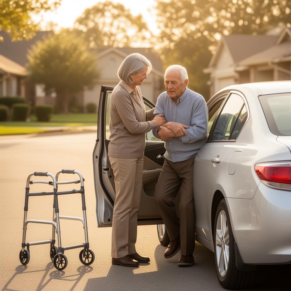 A caregiver supports an elderly man's arm as he eases into a sedan, with a walker nearby