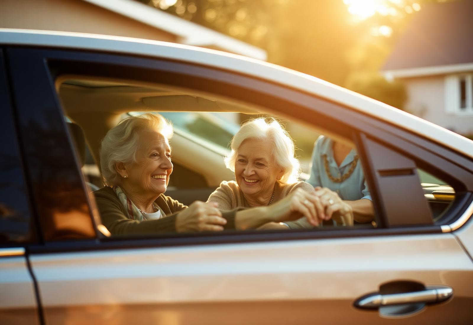 A caring driver smiles with an elderly woman beside her car in warm golden light