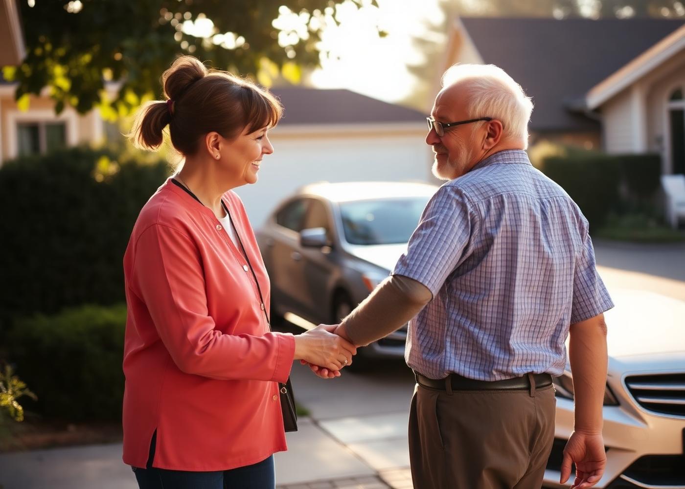 A caregiver gently shakes the hand of an elderly man in a sunny driveway