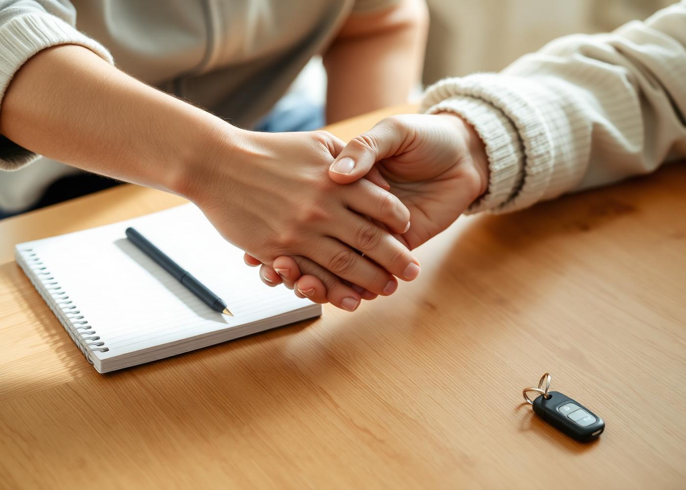A trusting handshake between a caregiver and a member at a kitchen table