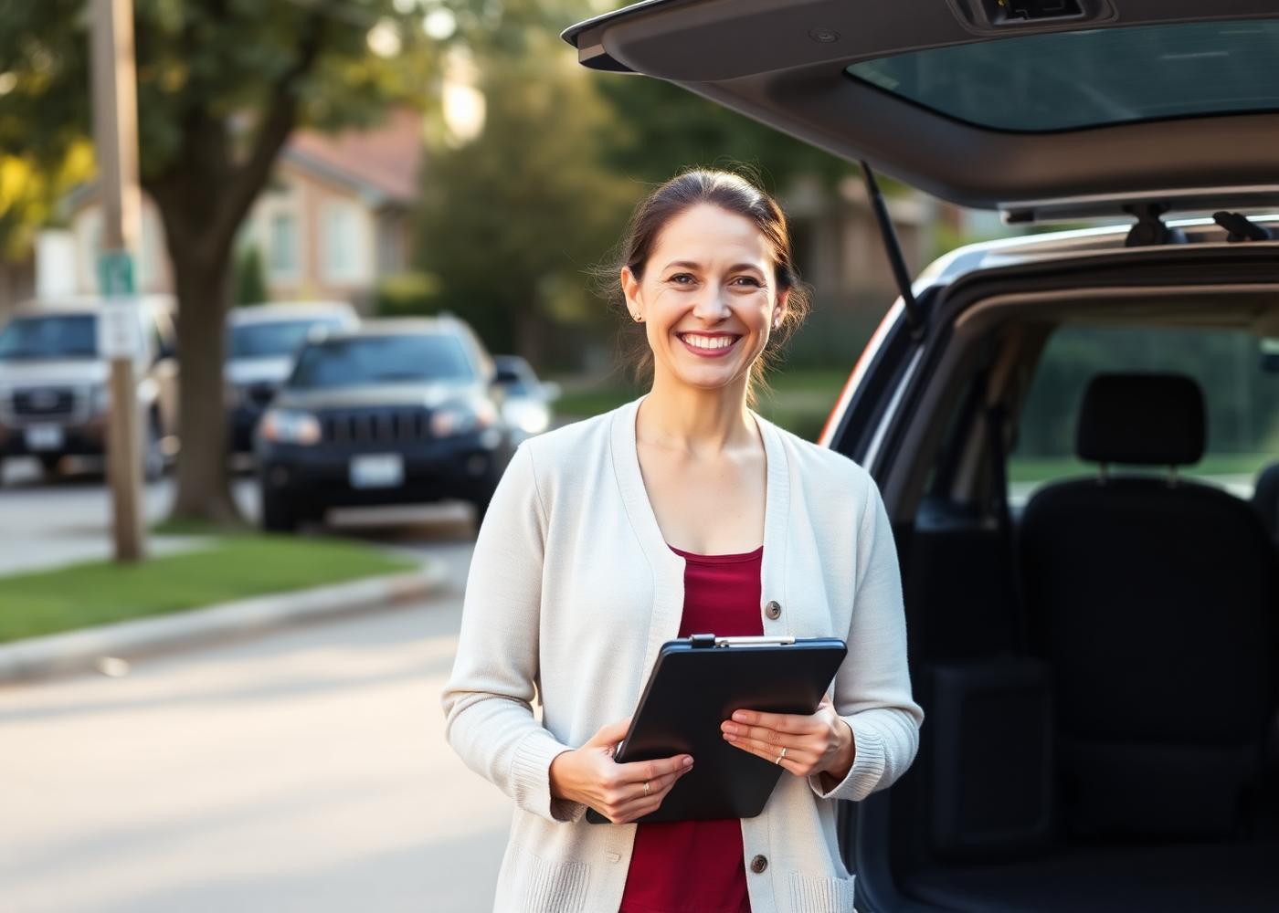 A friendly, vetted CaringDriver standing by her vehicle in a quiet neighborhood